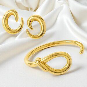 🆕️18K Gold Plated Sculptural Earrings Cuff Bracelet Set | Bold Minimalist Chic